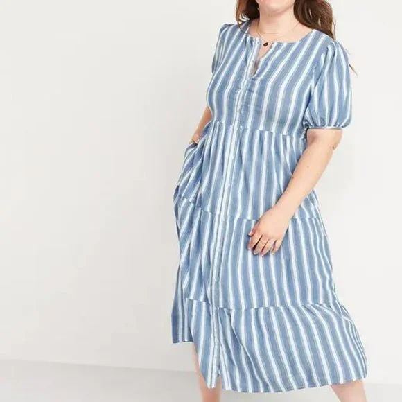 Old Navy Puff-Sleeve Tiered Striped Plus Midi Swing Dress for Women New - Picture 1 of 4